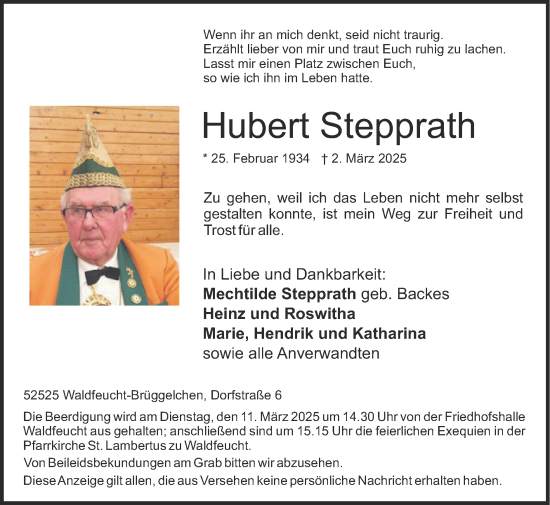 Traueranzeige von Hubert Stepprath von Zeitung am Sonntag