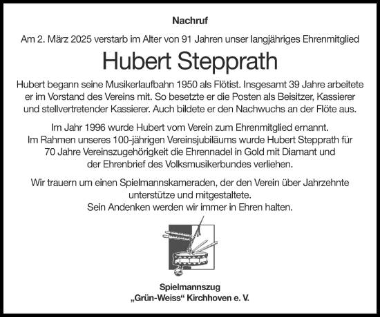 Traueranzeige von Hubert Stepprath von Zeitung am Sonntag