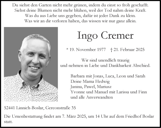 Traueranzeige von Ingo Cremer von Zeitung am Sonntag