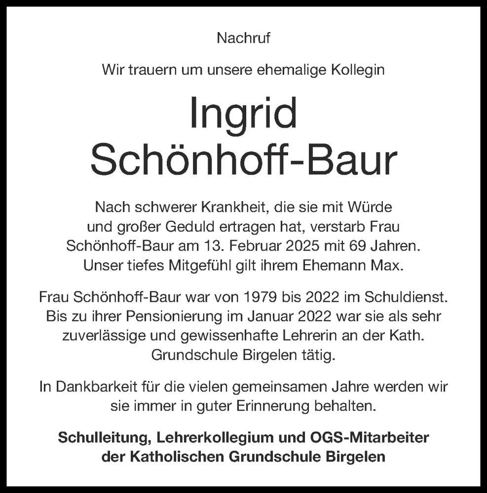  Traueranzeige für Ingrid Schönhoff-Baur vom 02.03.2025 aus Zeitung am Sonntag