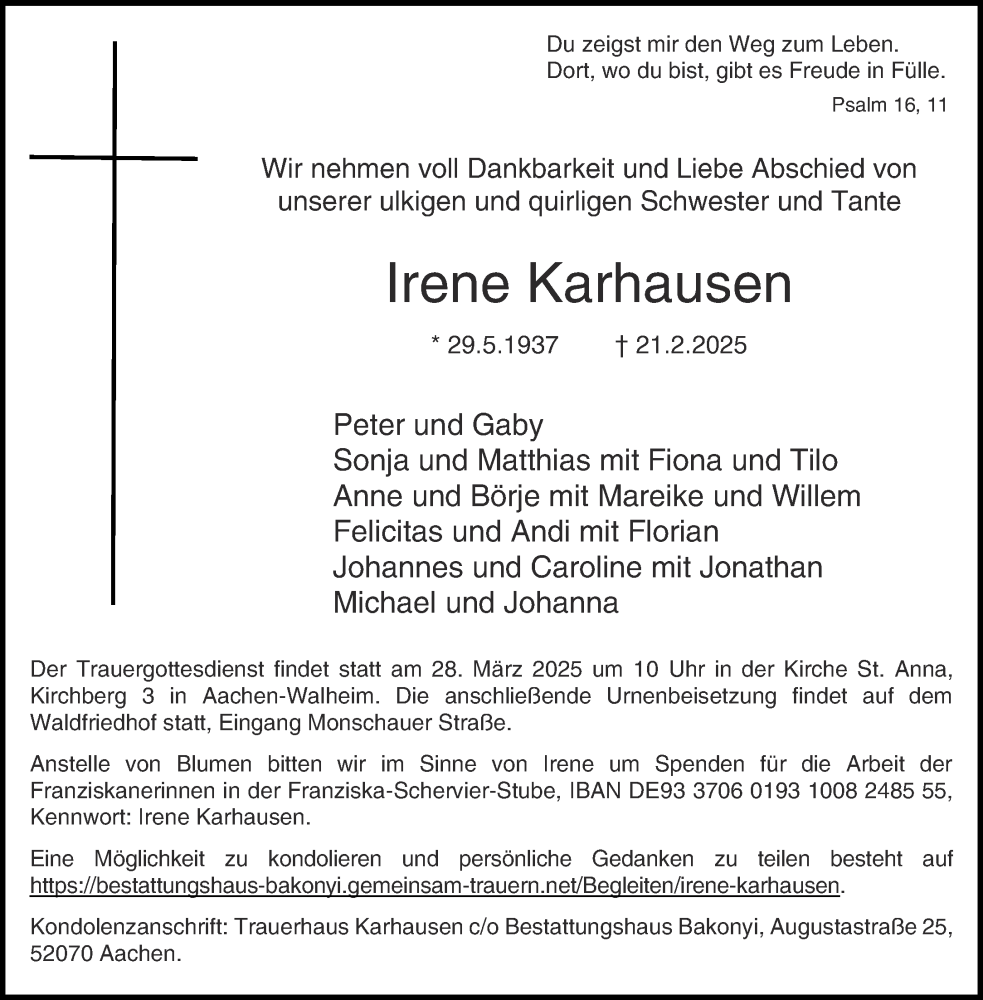  Traueranzeige für Irene Karhausen vom 08.03.2025 aus Aachener Zeitung