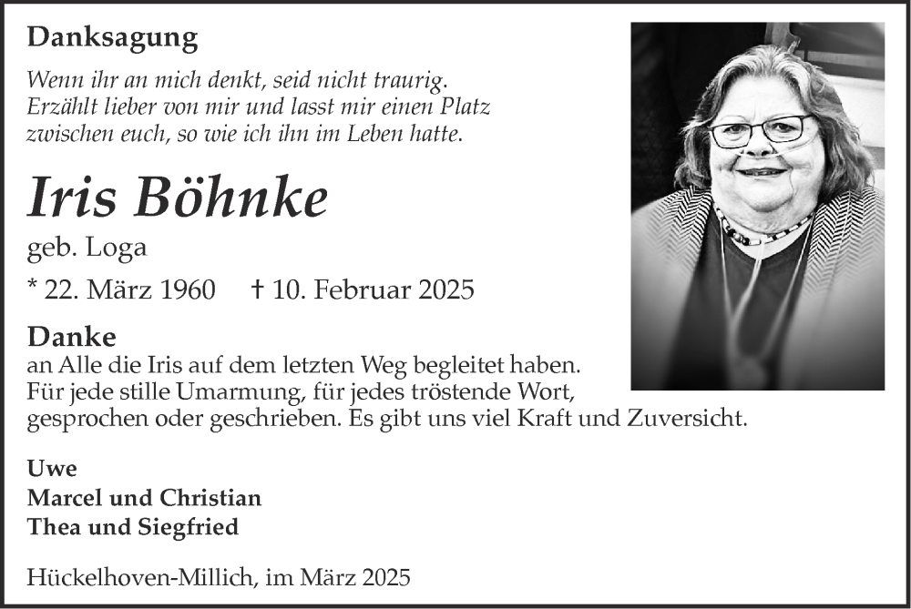  Traueranzeige für Iris Böhnke vom 16.03.2025 aus Zeitung am Sonntag
