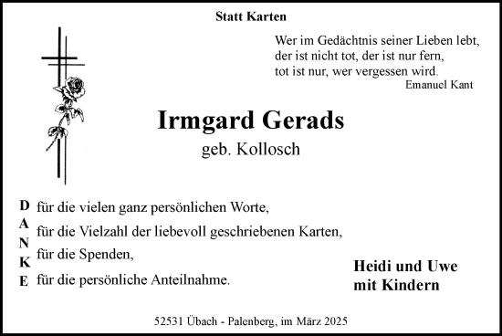 Traueranzeige von Irmgard Gerads von Zeitung am Sonntag