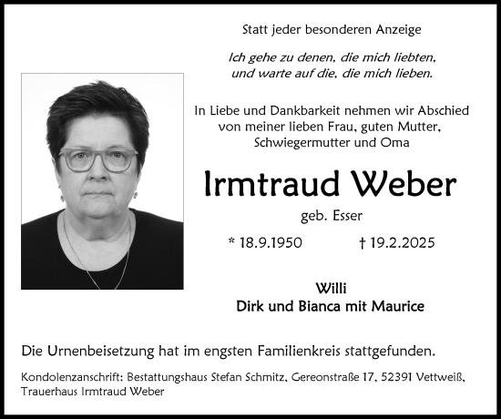 Traueranzeige von Irmtraud Weber von Zeitung am Sonntag