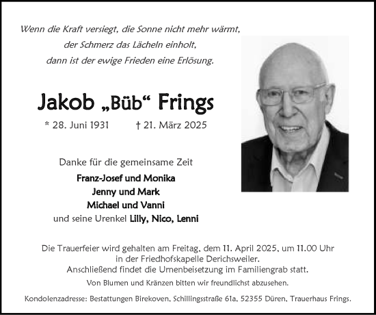 Traueranzeige von Jakob Frings von Zeitung am Sonntag