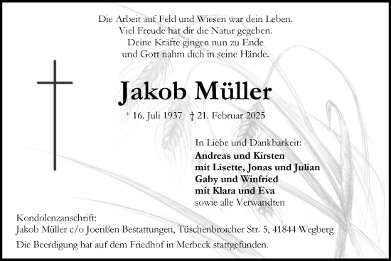 Traueranzeige von Jakob Müller von Zeitung am Sonntag