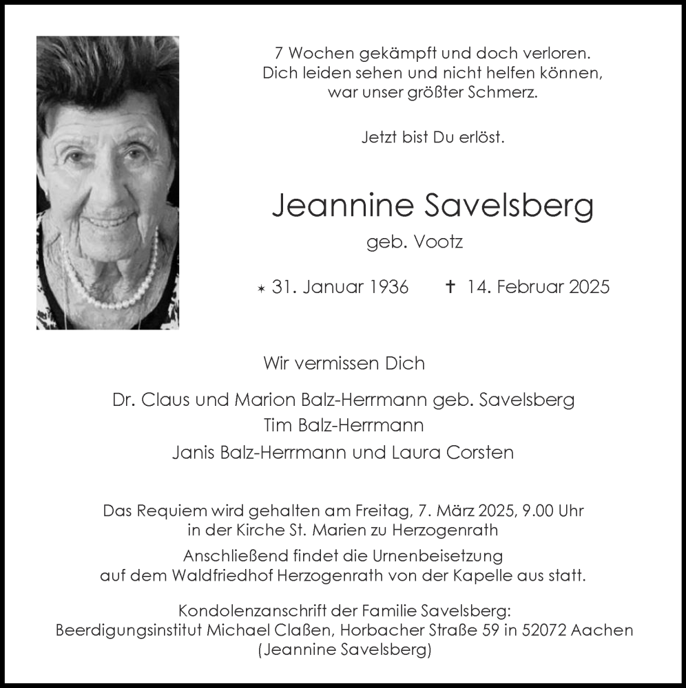  Traueranzeige für Jeannine Savelsberg vom 02.03.2025 aus Zeitung am Sonntag