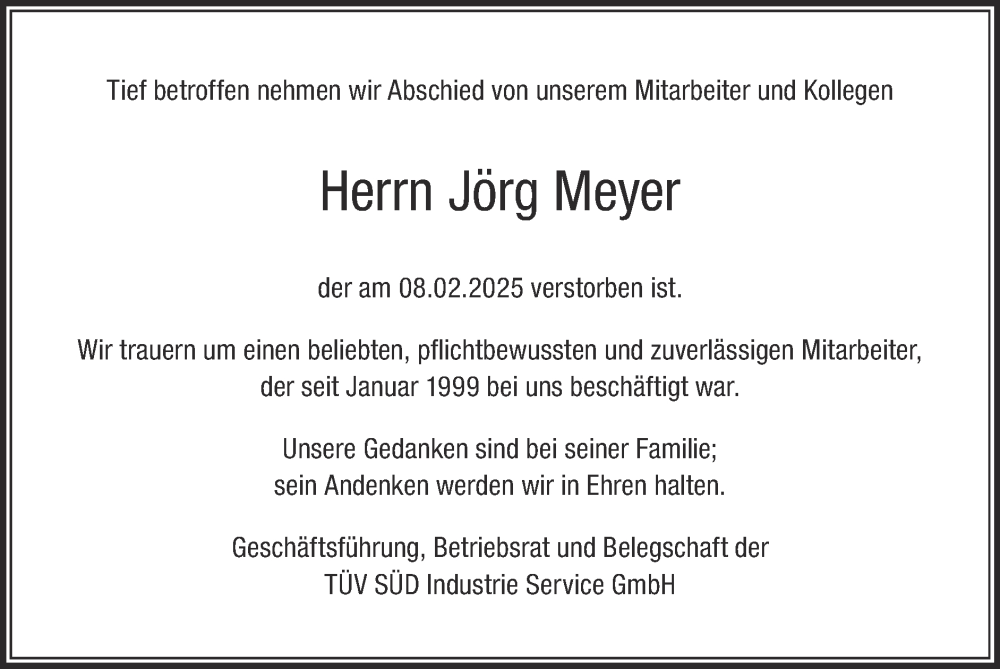  Traueranzeige für Jörg Meyer vom 09.03.2025 aus Zeitung am Sonntag
