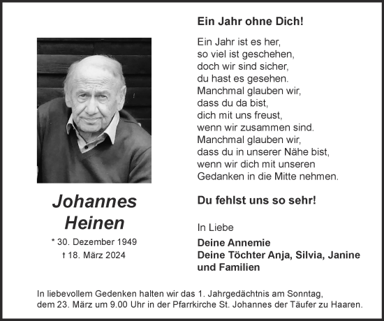 Traueranzeige von Johannes Heinen von Zeitung am Sonntag