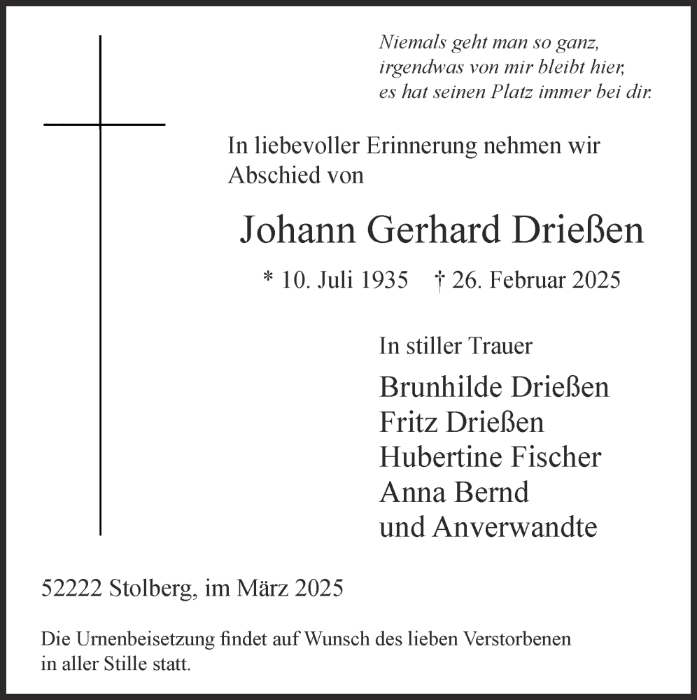  Traueranzeige für Johann Gerhard Driessen vom 09.03.2025 aus Zeitung am Sonntag