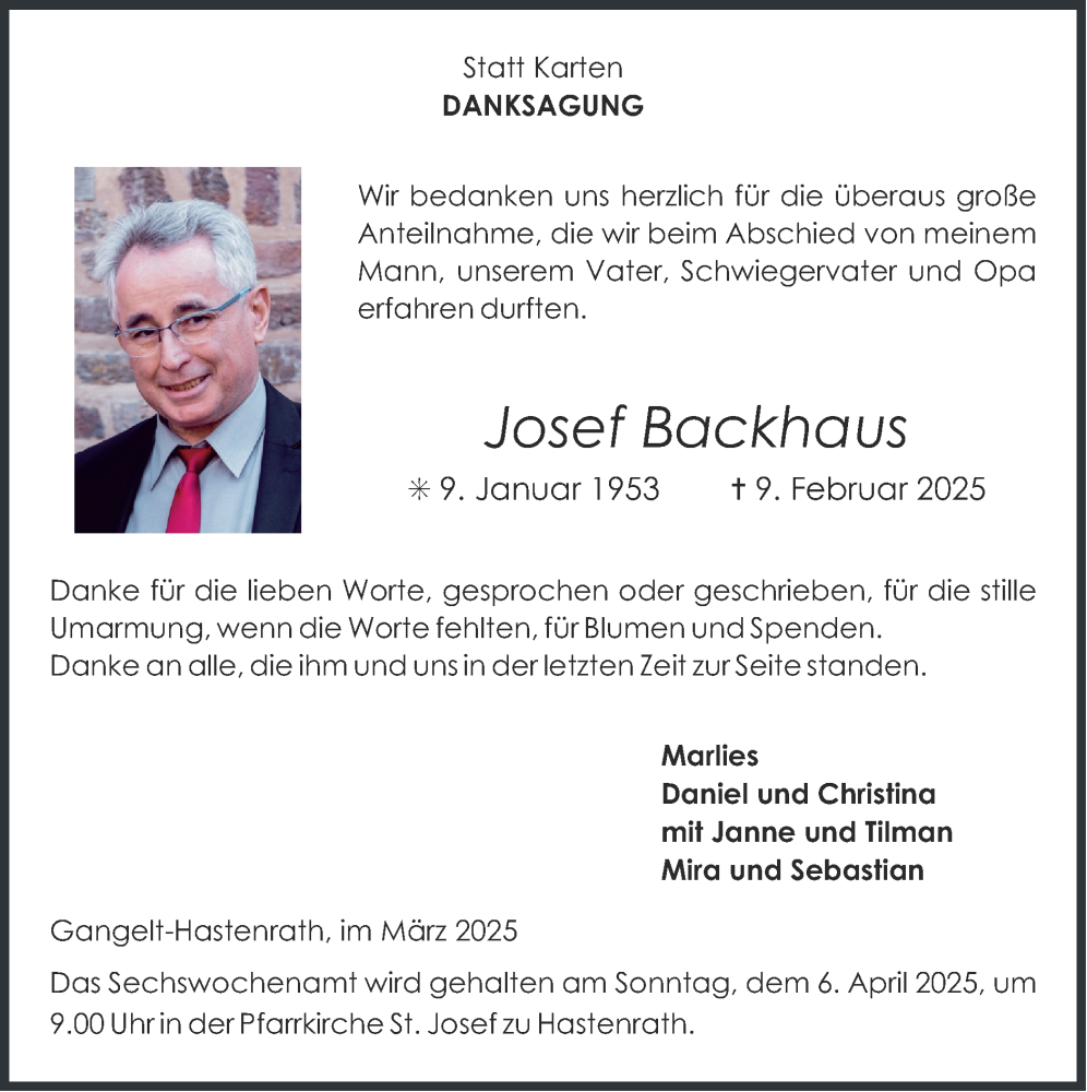 Traueranzeige für Josef Backhaus vom 30.03.2025 aus Zeitung am Sonntag