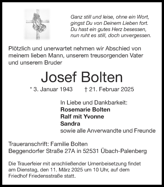 Traueranzeige von Josef Bolten von Zeitung am Sonntag