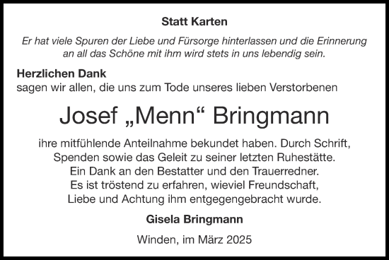 Traueranzeige von Josef Bringmann von Zeitung am Sonntag