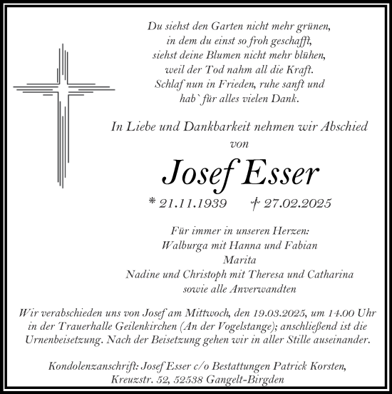 Traueranzeige von Josef Esser von Zeitung am Sonntag