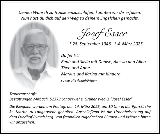 Traueranzeige von Josef Esser von Zeitung am Sonntag