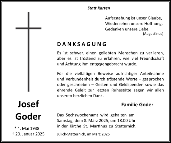 Traueranzeige von Josef Goder von Zeitung am Sonntag