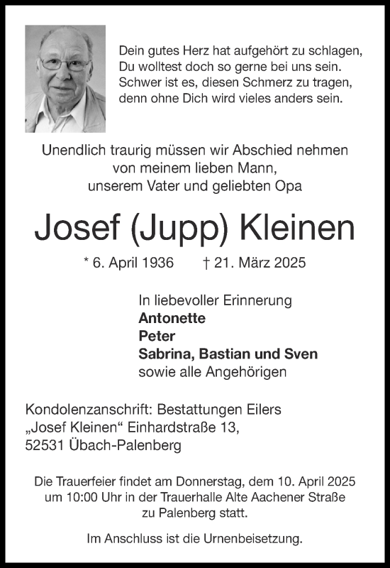 Traueranzeige von Josef Kleinen von Zeitung am Sonntag