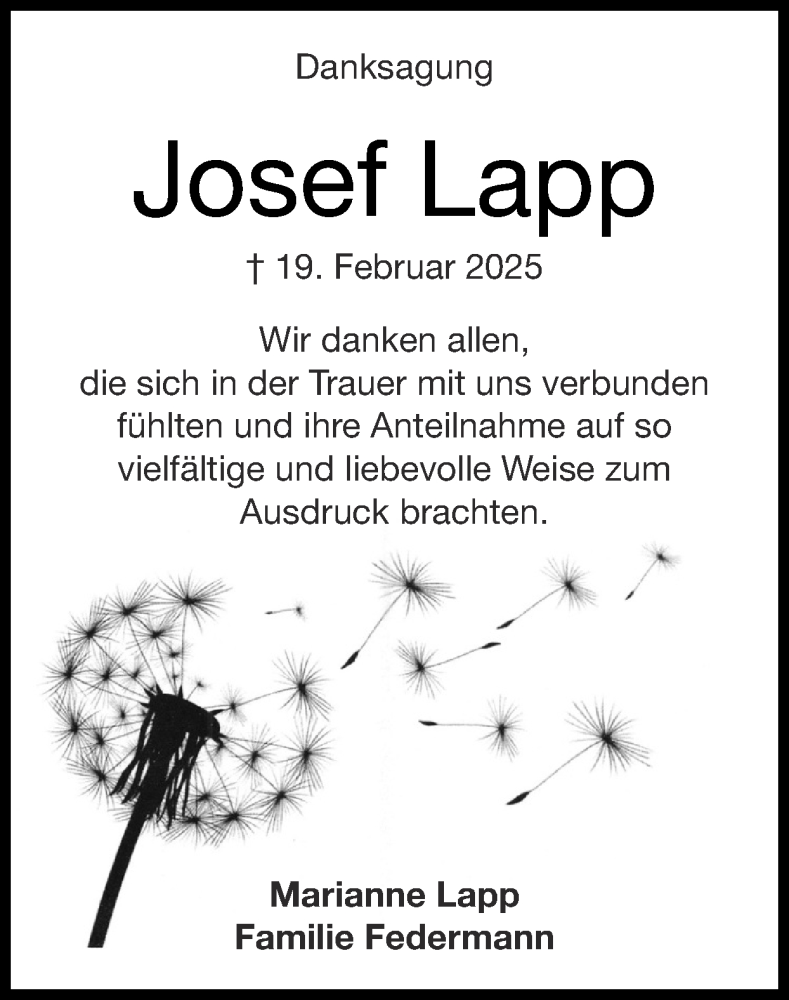  Traueranzeige für Josef Lapp vom 30.03.2025 aus Zeitung am Sonntag