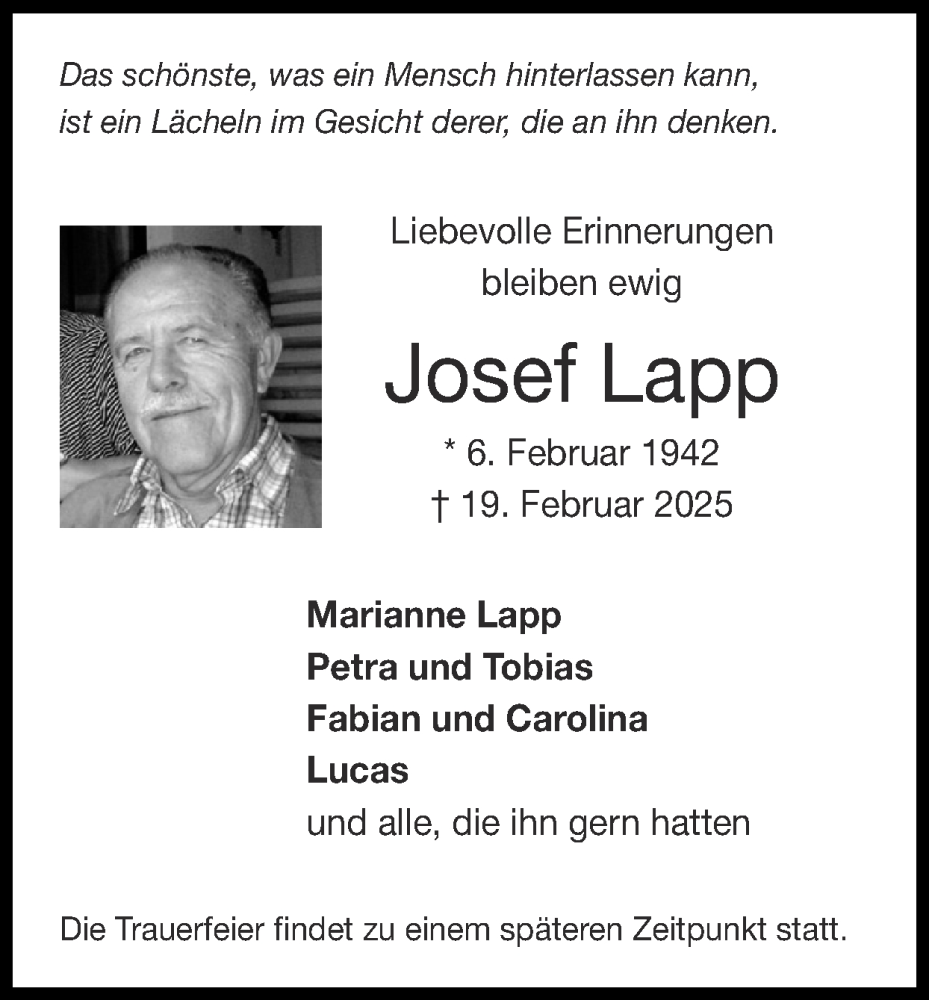  Traueranzeige für Josef Lapp vom 02.03.2025 aus Zeitung am Sonntag