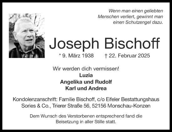Traueranzeige von Joseph Bischoff von Zeitung am Sonntag