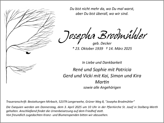 Traueranzeige von Josepha Brodmühler von Zeitung am Sonntag