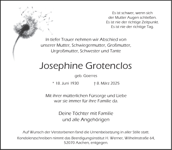 Traueranzeige von Josephine Grotenclos von Aachener Zeitung