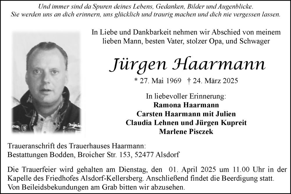  Traueranzeige für Jürgen Haarmann vom 30.03.2025 aus Zeitung am Sonntag