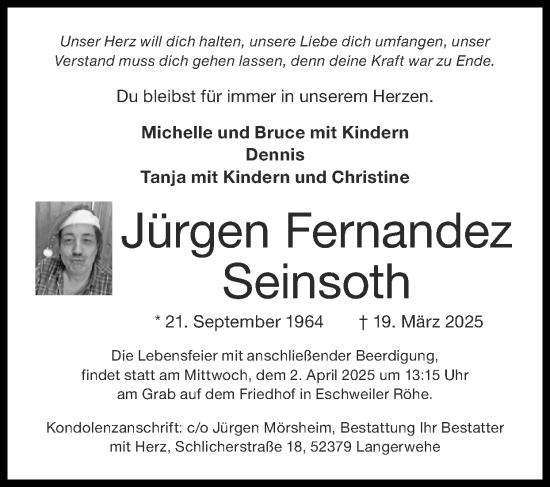 Traueranzeige von Jürgen Fernandez Seinsoth von Zeitung am Sonntag