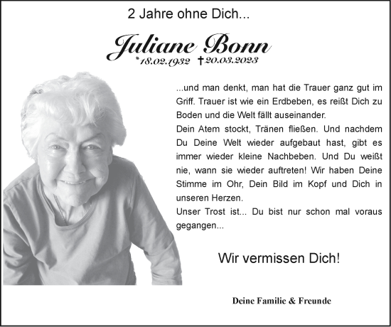 Traueranzeige von Juliane Bonn von Zeitung am Sonntag