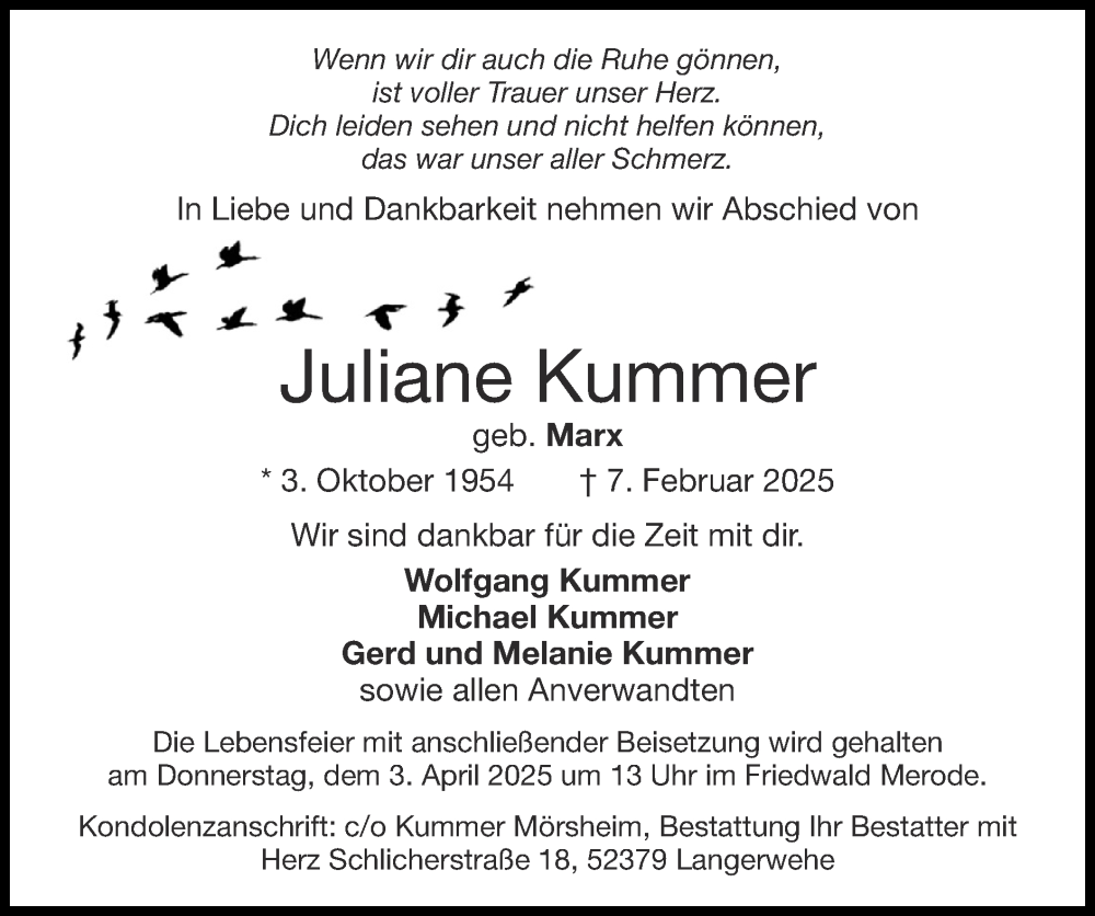 Traueranzeige für Juliane Kummer vom 30.03.2025 aus Zeitung am Sonntag
