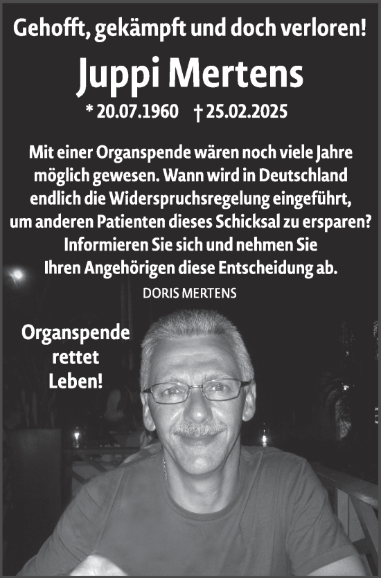 Traueranzeige von Juppi Mertens von Zeitung am Sonntag