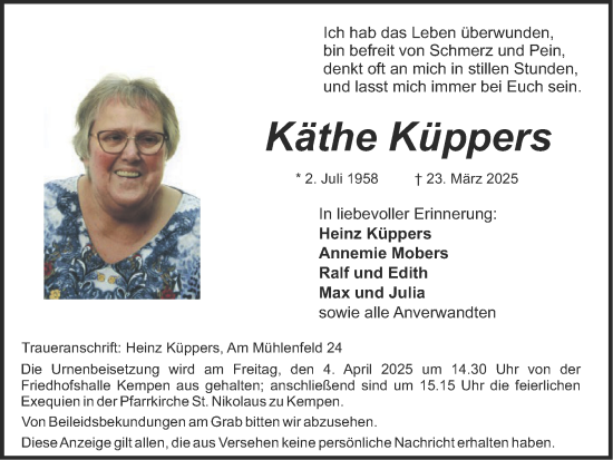 Traueranzeige von Käthe Küppers von Zeitung am Sonntag