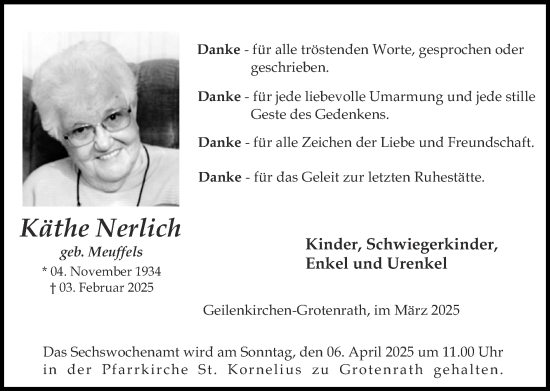 Traueranzeige von Käthe Nerlich von Zeitung am Sonntag