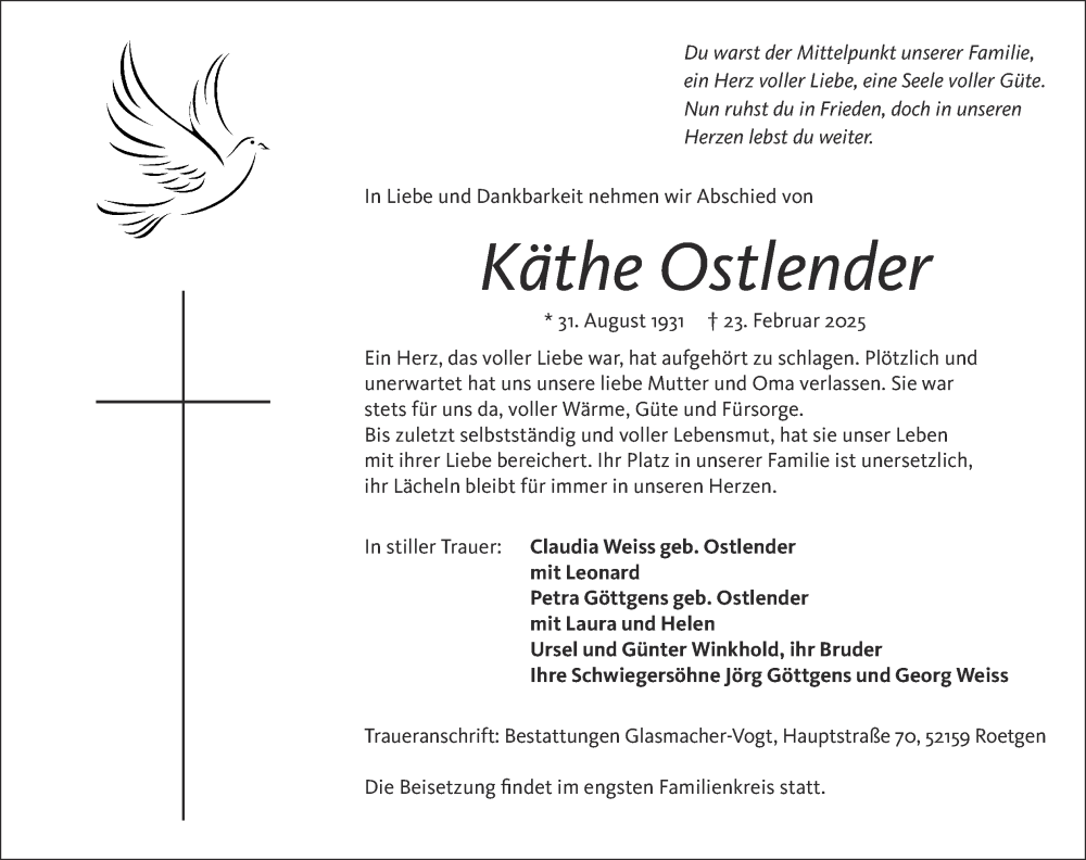  Traueranzeige für Käthe Ostlender vom 02.03.2025 aus Zeitung am Sonntag