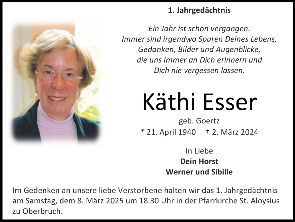  Traueranzeige für Käthi Esser vom 02.03.2025 aus Zeitung am Sonntag