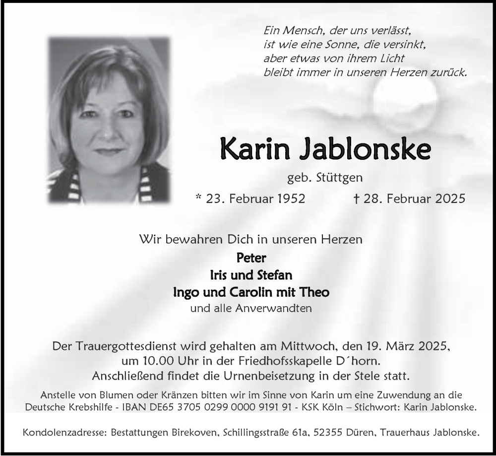  Traueranzeige für Karin Jablonske vom 09.03.2025 aus Zeitung am Sonntag