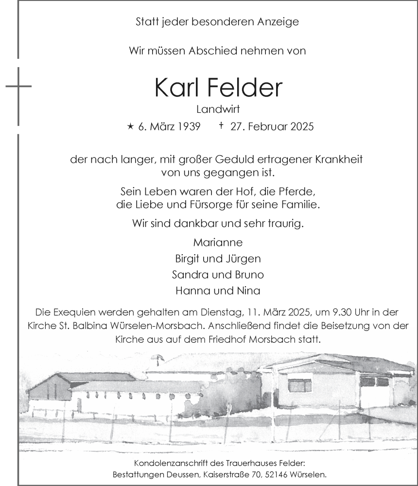  Traueranzeige für Karl Felder vom 08.03.2025 aus Aachener Zeitung