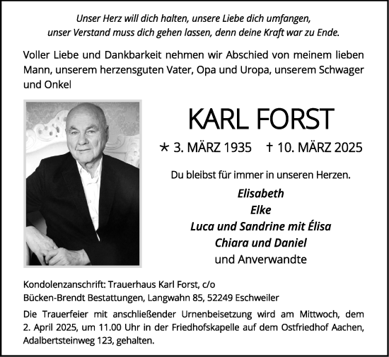 Traueranzeige von Karl Forst von Zeitung am Sonntag