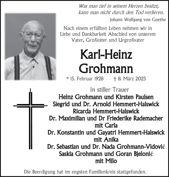 Traueranzeige von Karl-Heinz Grohmann von Zeitung am Sonntag