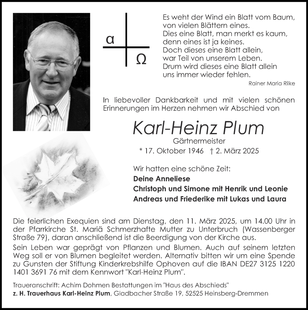  Traueranzeige für Karl-Heinz Plum vom 09.03.2025 aus Zeitung am Sonntag