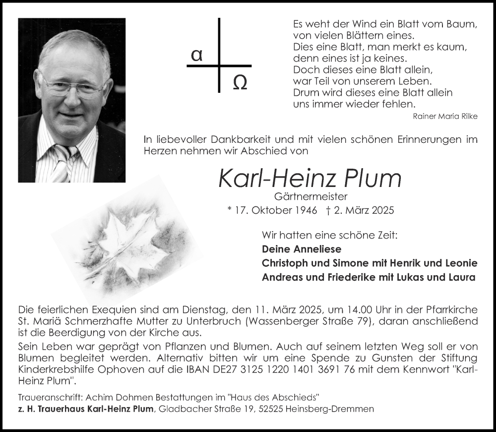  Traueranzeige für Karl-Heinz Plum vom 08.03.2025 aus Aachener Zeitung