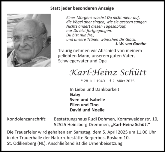 Traueranzeige von Karl-Heinz Schütt von Zeitung am Sonntag