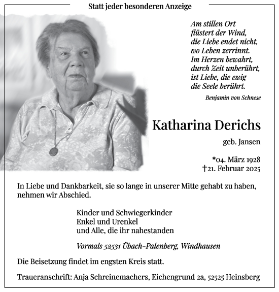 Traueranzeige von Katharina Derichs von Zeitung am Sonntag