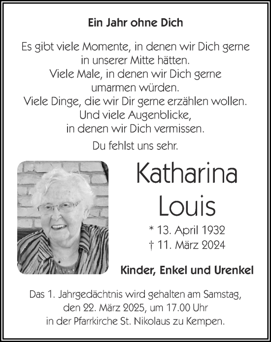 Traueranzeige von Katharina Louis von Zeitung am Sonntag