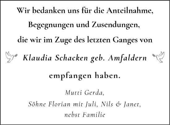 Traueranzeige von Klaudia Schacken von Zeitung am Sonntag