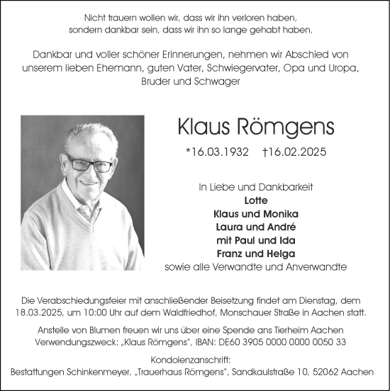 Traueranzeige von Klaus Römgens von Zeitung am Sonntag
