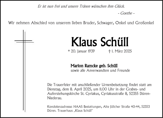 Traueranzeige von Klaus Schüll von Aachener Zeitung