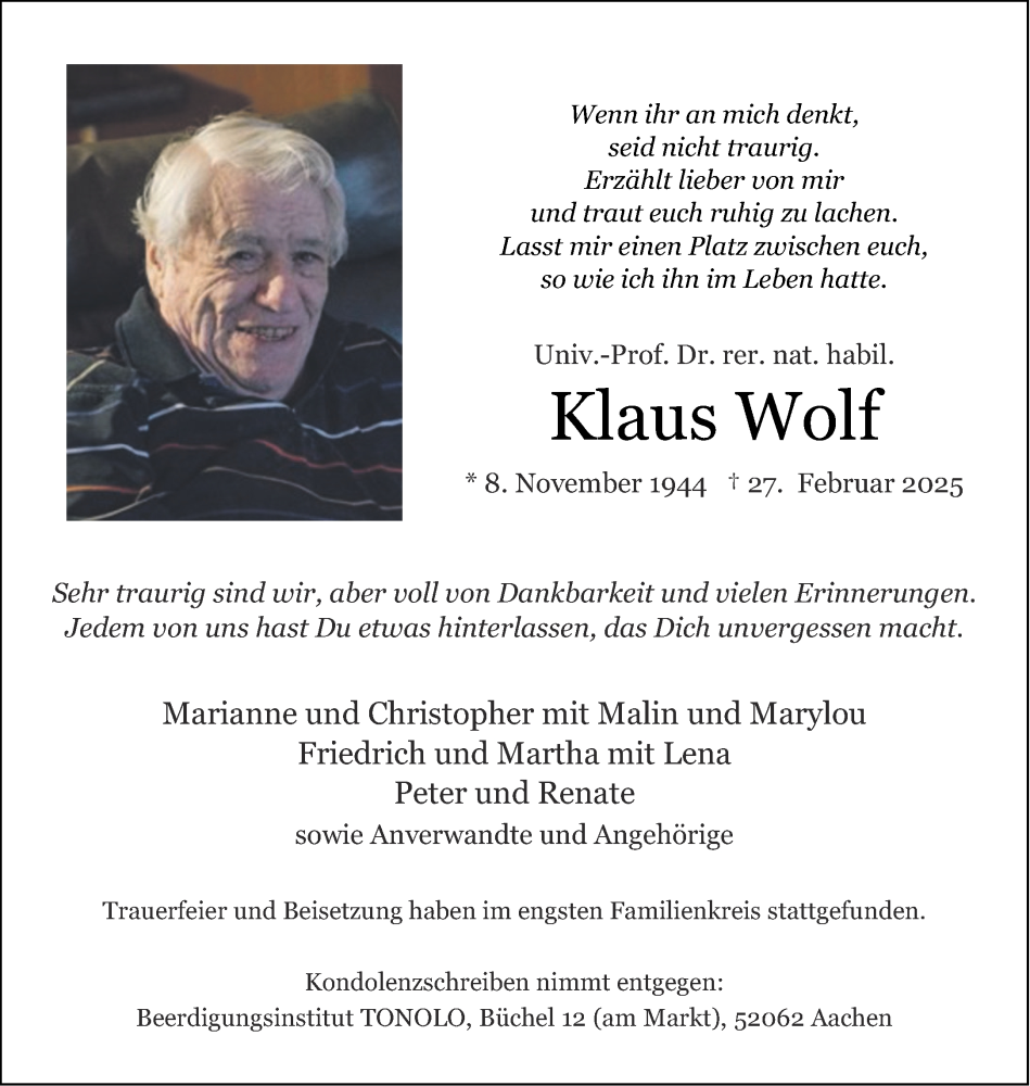  Traueranzeige für Klaus Wolf vom 08.03.2025 aus Aachener Zeitung