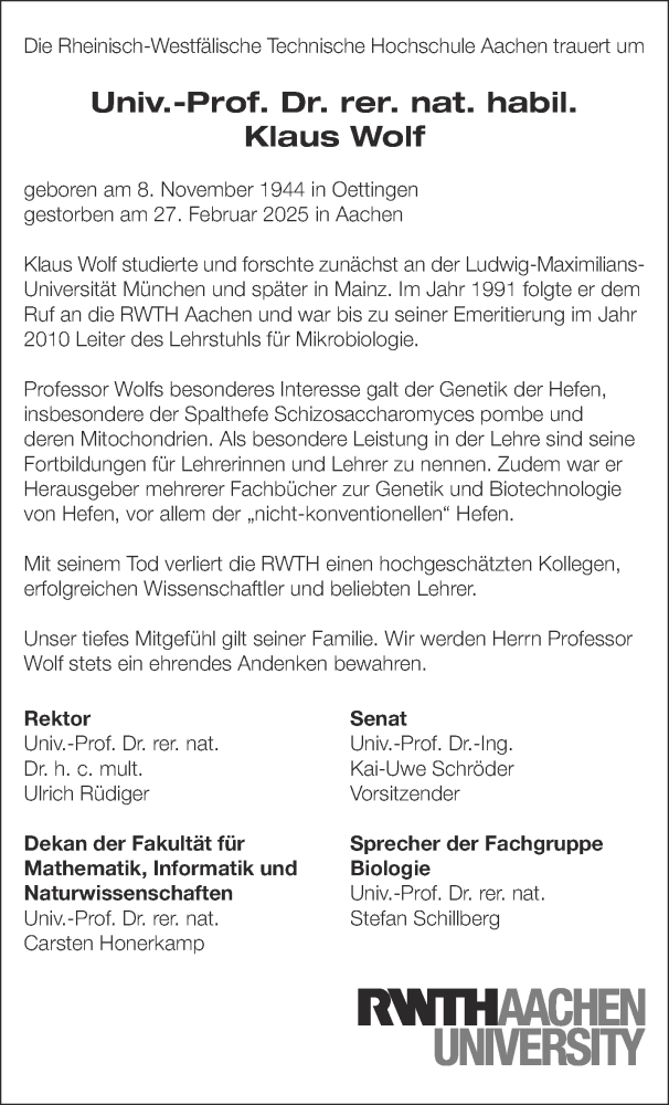  Traueranzeige für Klaus Wolf vom 08.03.2025 aus Aachener Zeitung