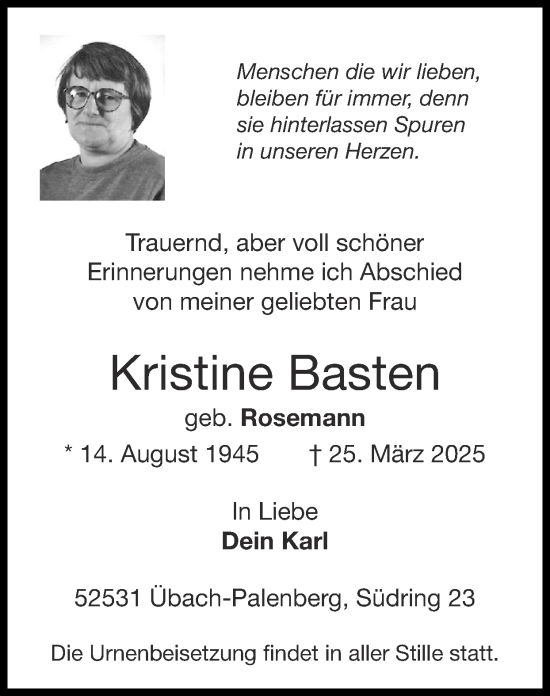 Traueranzeige von Kristine Basten von Zeitung am Sonntag